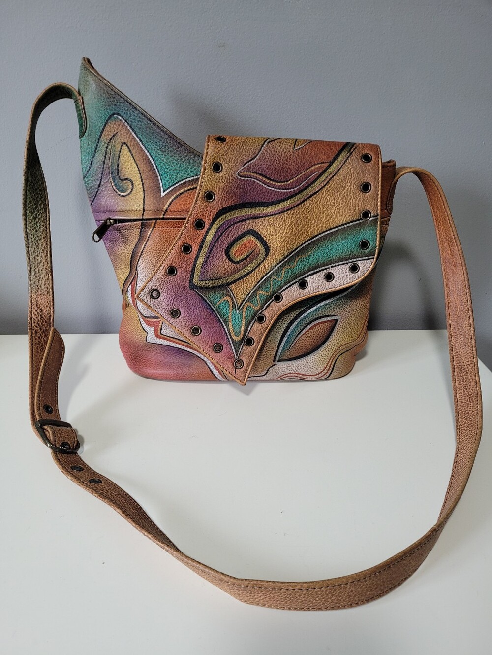 Vintage Anuschka Hand Painted Leather Asymmetric Flap Crossbody Bag